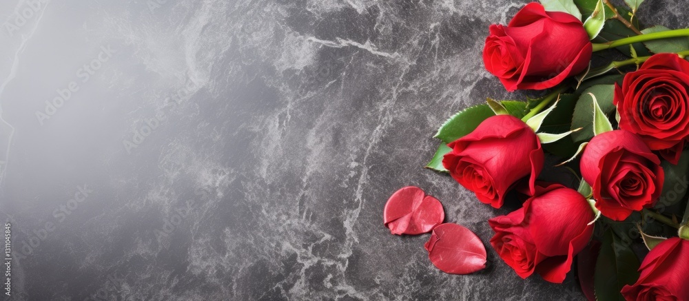 Poster valentine's day card design featuring a bouquet of vibrant red roses on a textured gray stone backgr