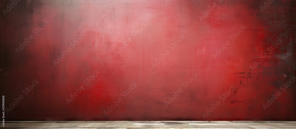 Poster rough textured red canvas background with dark edges and a wooden floor in the foreground creating a