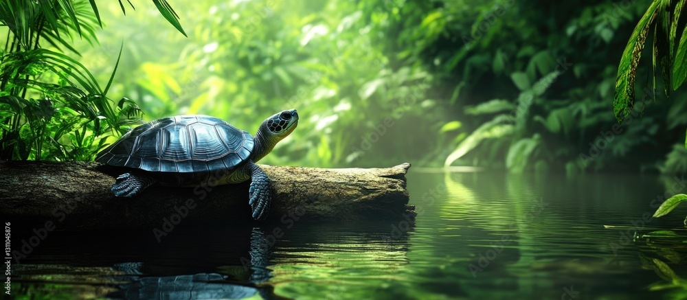 Poster turtle resting on a log in a misty rainforest river surrounded by lush green foliage and vibrant ref