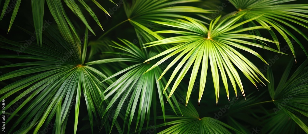 Poster lush green tropical palm leaves arranged in a dense pattern with varying shades of green against a d