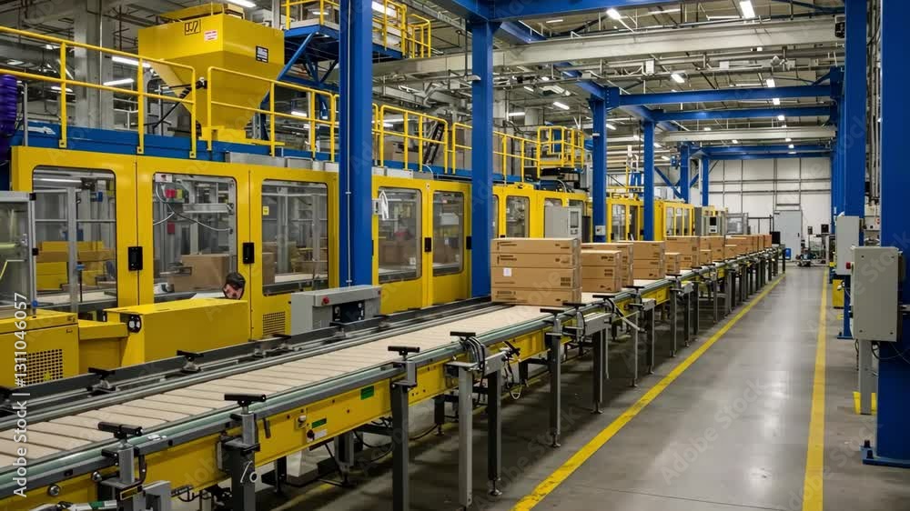 Aufkleber advanced conveyor belt system in a high-tech factory warehouse for automated product packaging and l