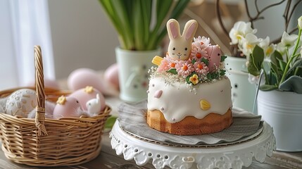 Easter cake with a bunny decoration and pastel colors on a table, next to a wooden box of Easter eggs. In the background, there is an elegant bouquet in a pot.