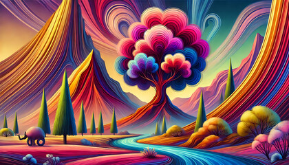 Naklejka premium Surreal Vibrant Fantasy Landscape with Colorful Mountains and Abstract Tree