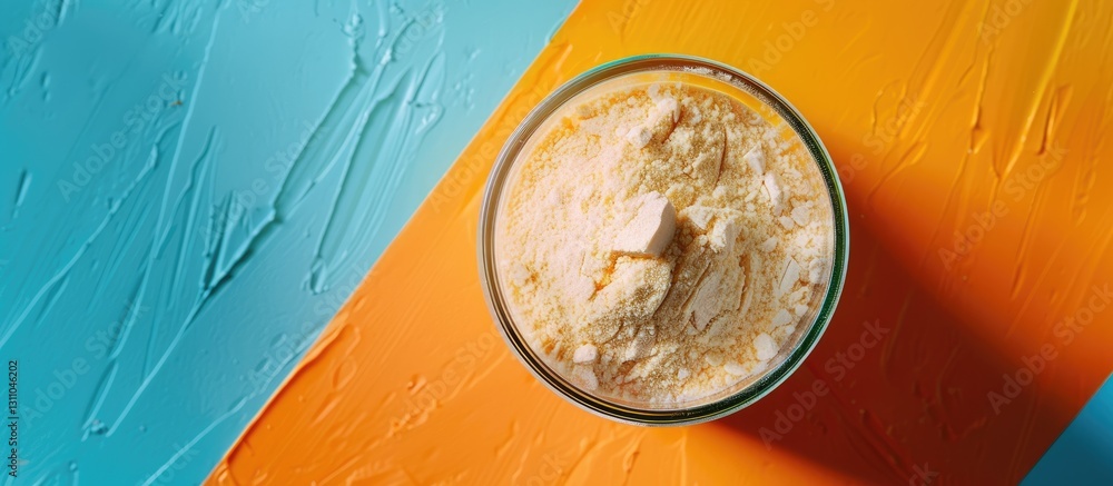 Poster top view of a glass jar filled with light beige protein powder centered on a vibrant blue and orange