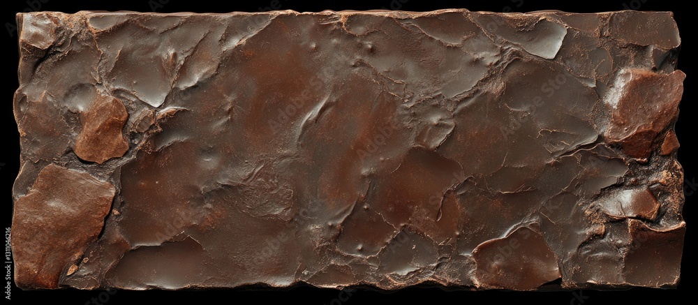 Poster top view of a smooth dark chocolate slab with rich textures and warm cocoa tones set against a black