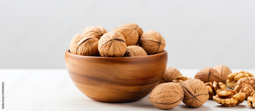 Aufkleber Brown wooden bowl filled with whole walnuts on a light background with scattered walnuts and ample copy space for text placement