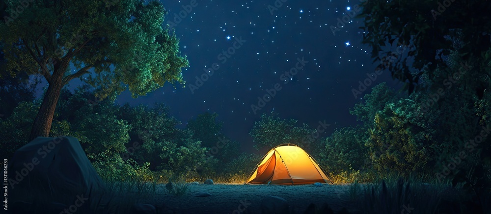 Aufkleber cozy orange tent illuminated at night under a starry sky surrounded by lush green trees and soft sha