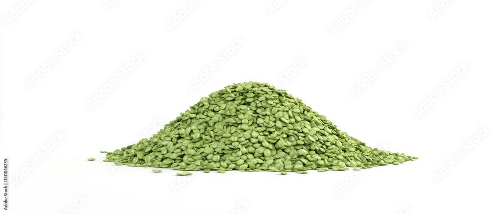 Poster close-up of a mound of vibrant green oat seeds on a white background with sunlight highlighting the 