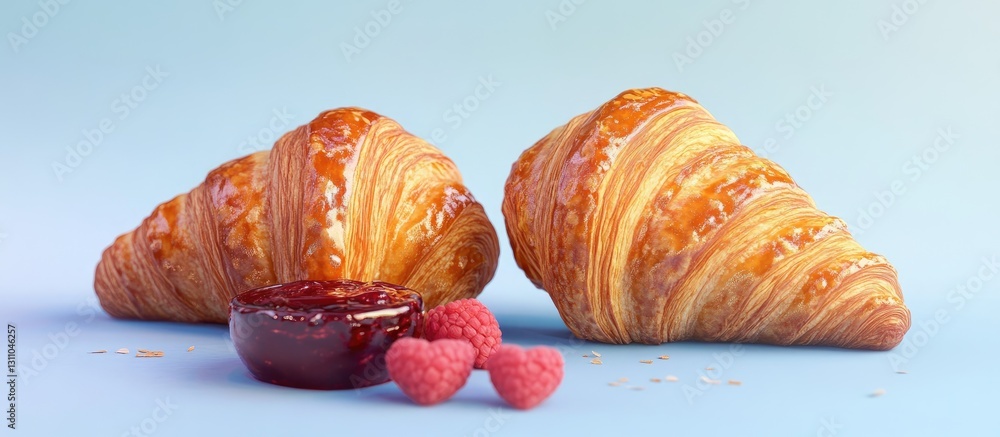 Poster Warm golden croissants with chocolate hearts and raspberry jam on the side placed on a soft blue background with a bright and inviting atmosphere