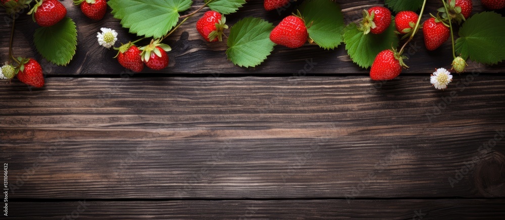 Poster fresh wild strawberries with vibrant red berries and green leaves arranged on a rustic wooden backgr