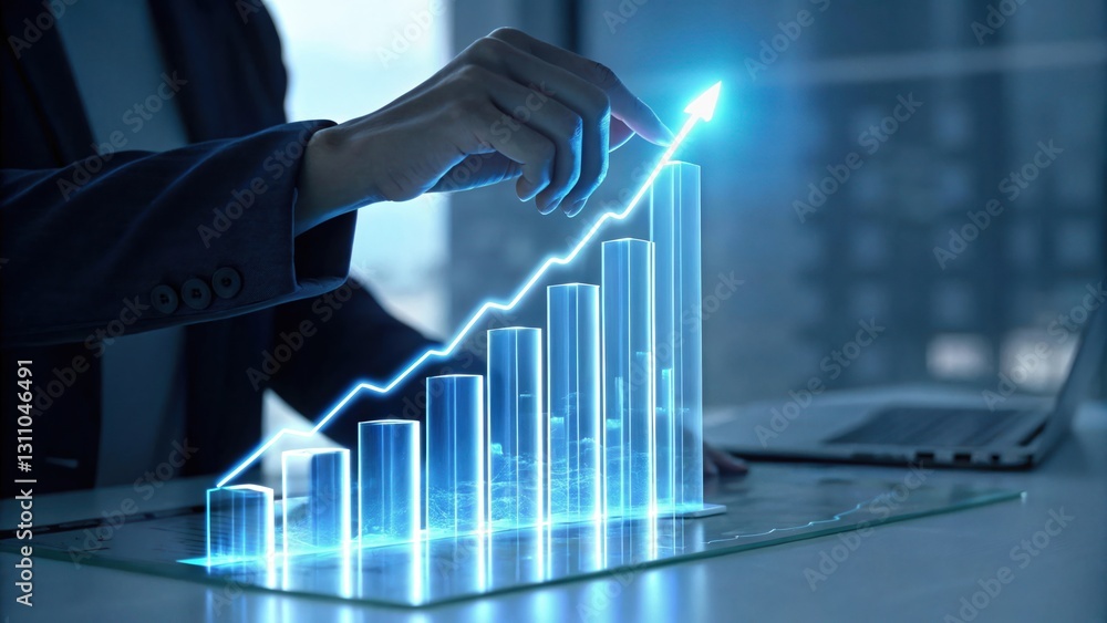 Poster visualizing growth: a professional's hand interacting with a glowing graph representing business gro