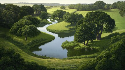 A high view of a peaceful river meandering through a green valley, surrounded by trees.