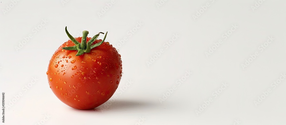 Aufkleber fresh red tomato with droplets on a white surface positioned to the right, offering ample copy space