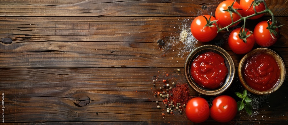 Aufkleber Top view of rich red ketchup in jars with ripe tomatoes and spices on dark wooden surface with ample copy space on the right side