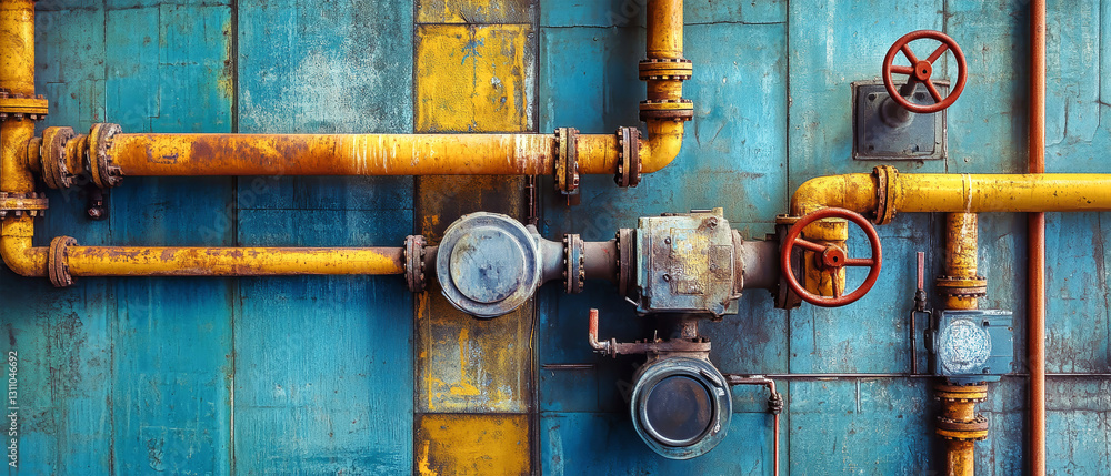 Poster exploring the intricate design of an industrial pipeline system in a minimalist facility space