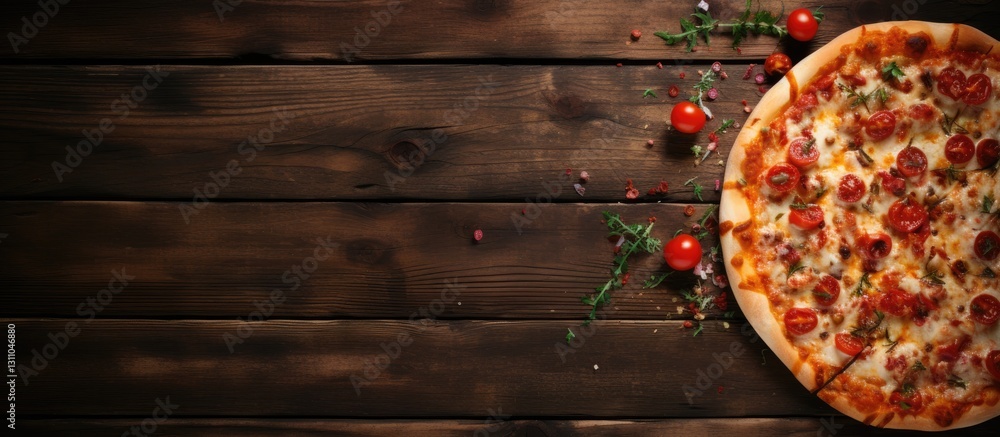 Poster homemade pizza with pepperoni and fresh ingredients on a rustic wooden table with cherry tomatoes an