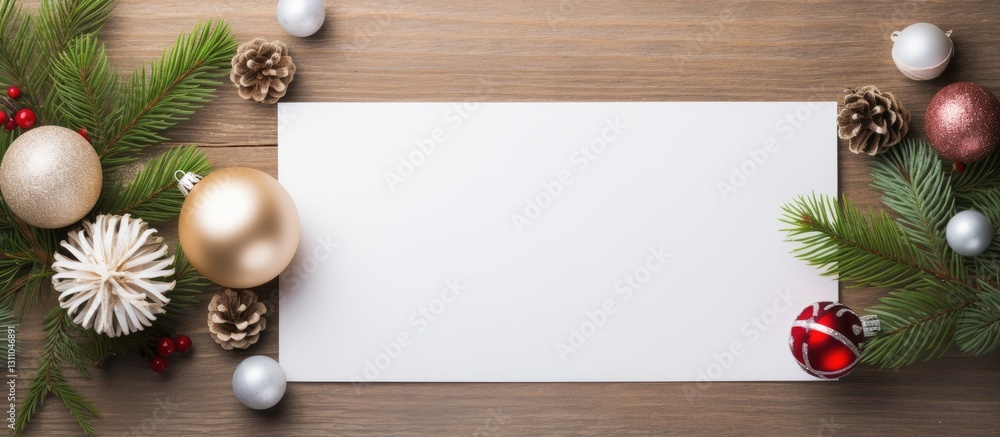 Poster festive holiday background featuring a blank white card centered on rustic wood, surrounded by pine 