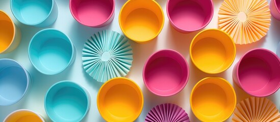 Colorful round silicone baking cups in vibrant shades of orange, pink, yellow, and teal arranged in a flat lay pattern on a light background.