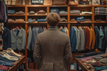 Obraz premium Dapper Gentleman Browsing Through an Elegant Menswear Store Full of Suits and Accessories