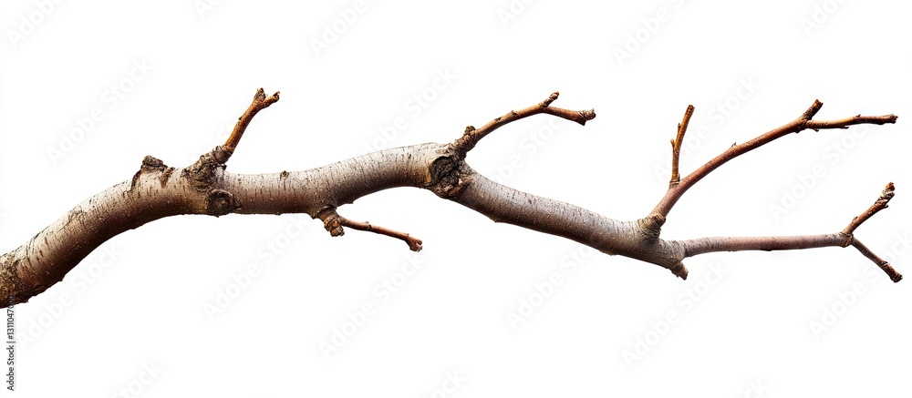 Poster isolated brown tree branch with multiple offshoots positioned diagonally against a clean white backg