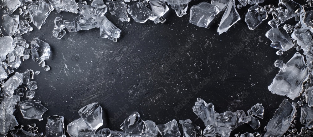 Poster ice frame surrounding a blank black backdrop with scattered ice pieces around the edges creating a t