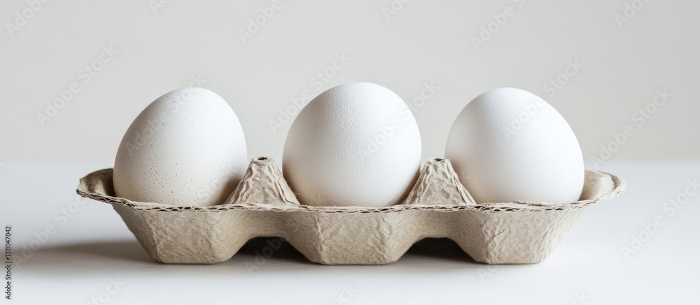 Poster three white eggs arranged neatly in a beige cardboard tray on a bright white background enhancing th