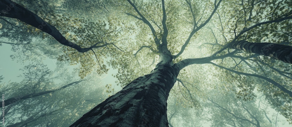 Aufkleber majestic beech forest canopy viewed from below with soft green leaves and ethereal light filtering t