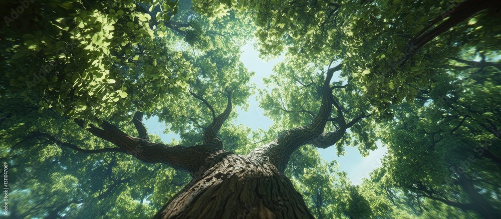 Fototapete lush green beech forest viewed from ground level with sun filtering through vibrant leaves and a tex