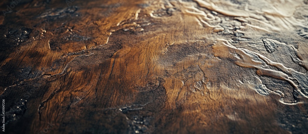 Poster detailed close-up of a textured wooden table surface showcasing rich dark brown and amber grain patt