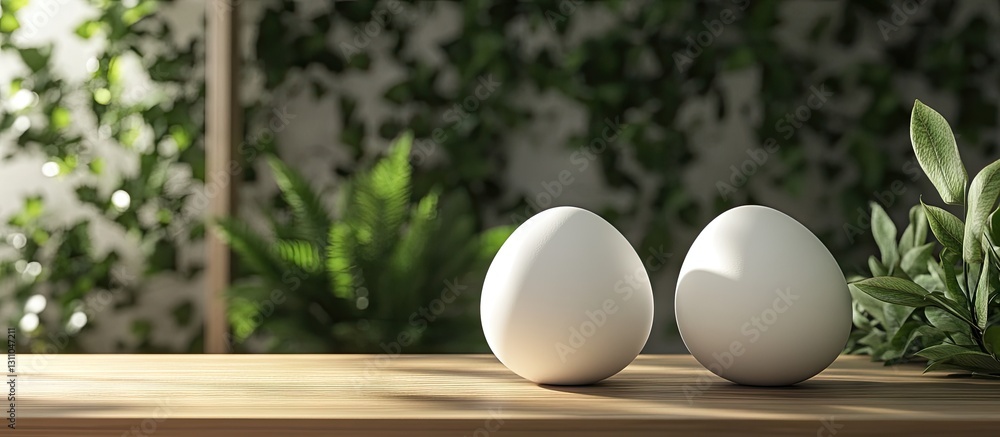 Leinwandbilder Two white eggs on a light wooden table with soft greenery in the background creating a calm and natural atmosphere for the display.