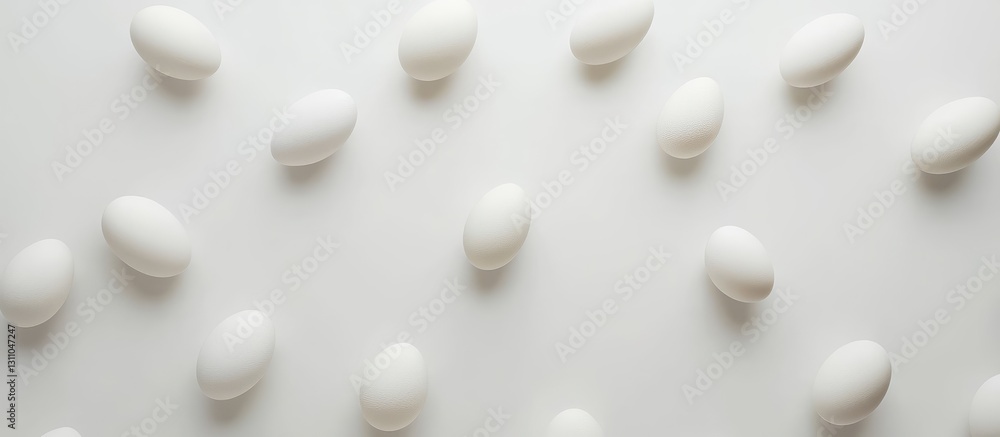 Poster white chicken eggs neatly arranged in a grid pattern on a soft white background, highlighting their 