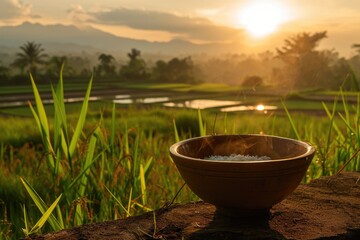 Rice in a clay bowl against a background of rice paddies on a sunset summer day. Traditional Asian dish, peasant dinner.