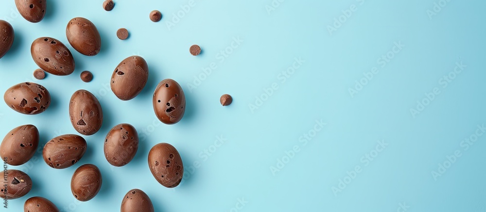 Poster Chocolate Easter eggs scattered across a pastel blue background with ample copy space on the right for text, creating a festive and cheerful theme