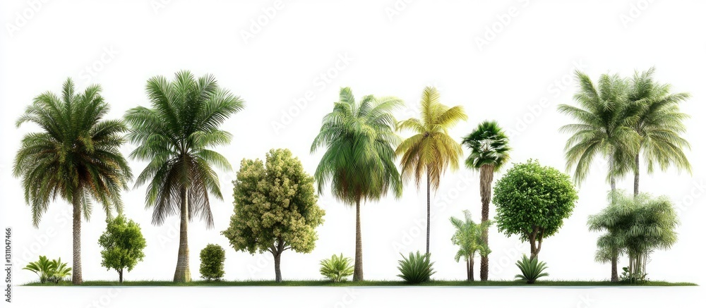 Poster tropical trees isolated on white background with varying heights and shades of green including palms