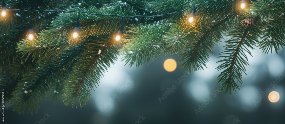 Aufkleber Spruce branches with green needles and warm white lights create a festive atmosphere in the foreground against a soft blurred background.