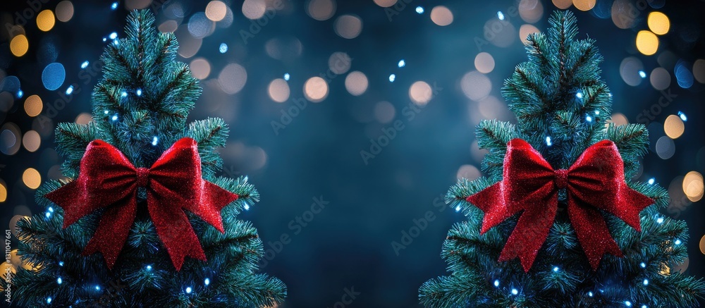 Aufkleber vibrant green christmas trees with red bows and blue lights against a dark background, creating a fe