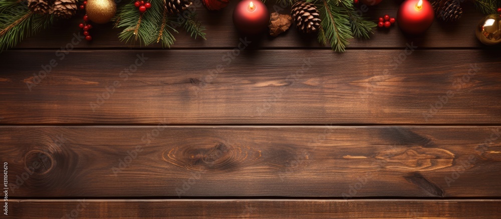 Poster Top view of a rustic wooden table adorned with evergreen branches and holiday ornaments in red and gold against a dark background
