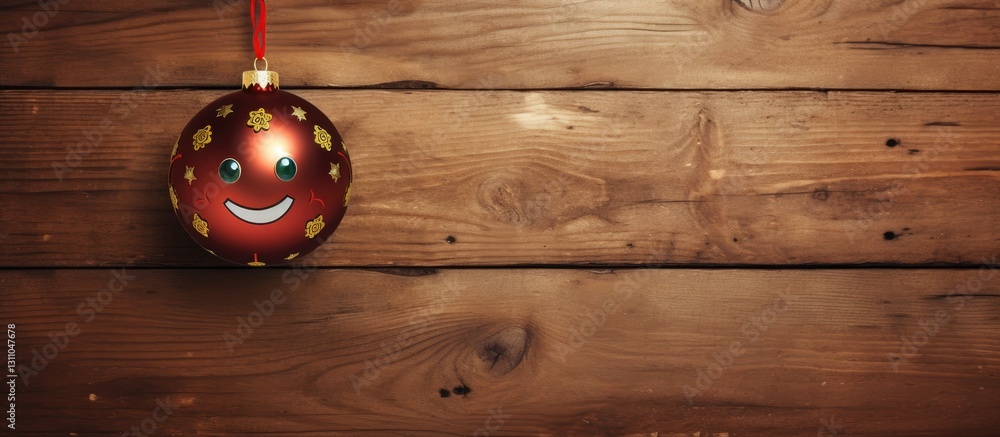 Poster christmas ornament with smiling face in foreground on left, vibrant red and gold colors against rust