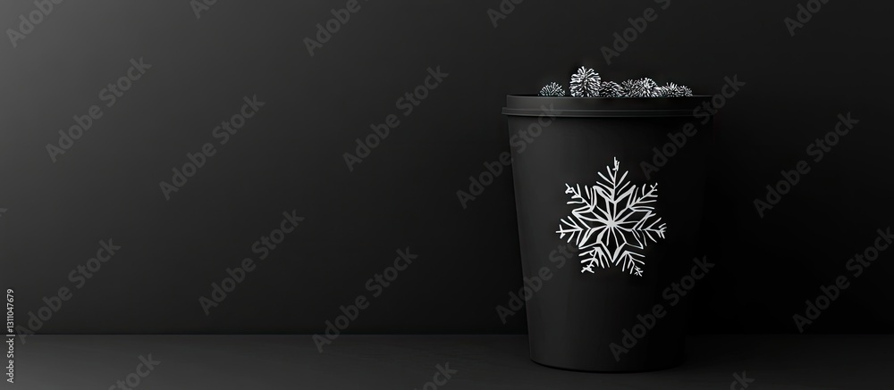 Poster Holiday themed paper cut snowflake design on a black trash bin positioned left on a contrasting blank white and black flat lay background