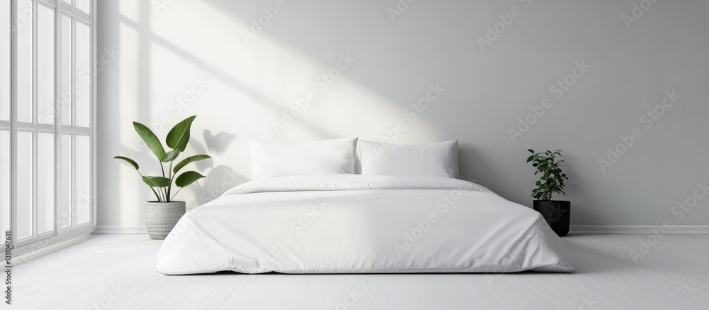 Poster serene bedroom with a cozy white bed, large windows for natural light, greenery in matching pots, su