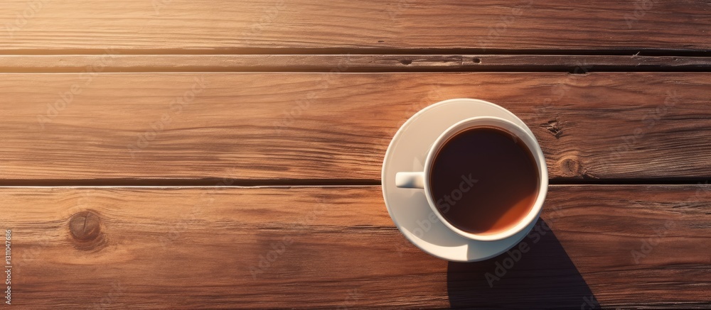 Poster top view of a white coffee cup filled with dark brown coffee on a wooden table illuminated by soft s