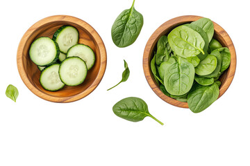 Obraz premium Cucumber and spinach in wooden bowls, isolated on Transparent PNG format Background.