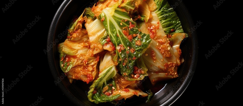 Poster top view of a black dish containing vibrant green chinese cabbage kimchi with red chili flakes on a 