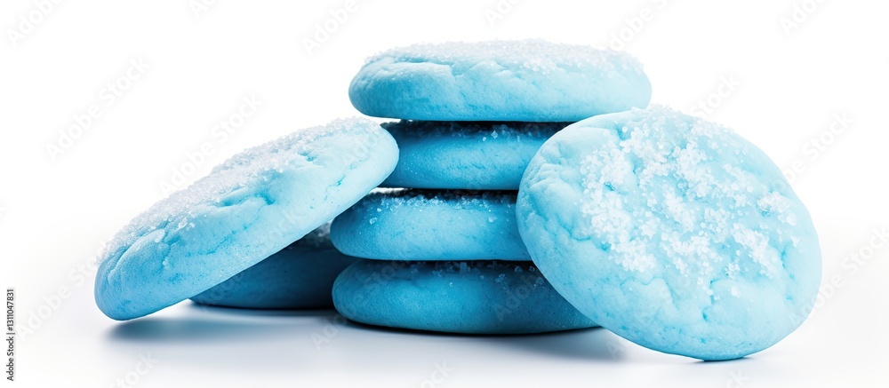Poster stack of blue sugar cookies arranged artistically on a bright white background creating a clean and 