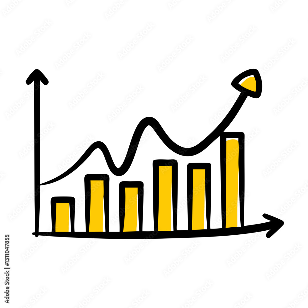 Poster stylized bar chart with upward trend in yellow color for business growth analysis and data visualiza