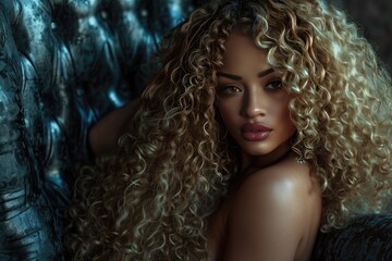 Glamorous full figured dark skinned female model with curly blonde hair.