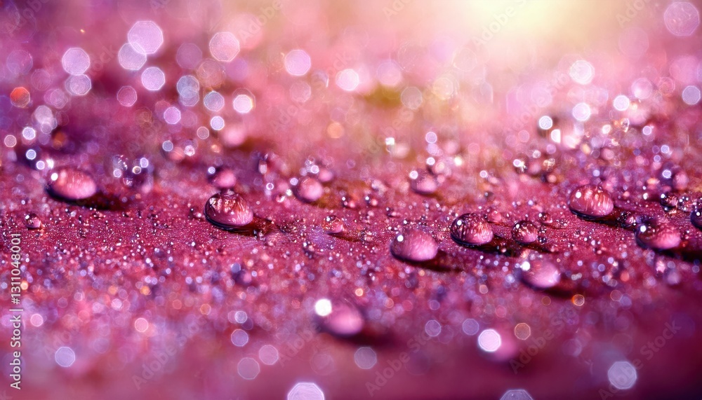 Aufkleber glistening water droplets on vibrant pink surface with soft bokeh effect for background, texture, or