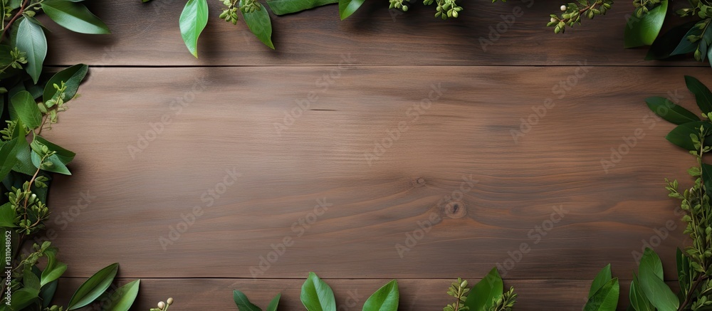 Poster top view of dark wooden background framed with vibrant green vinegar tree branches creating a natura