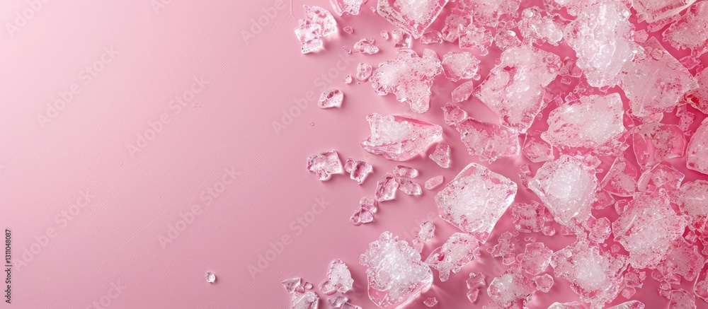 Poster Crushed ice scattered across a soft pink backdrop with empty space for text on the right side creating a fresh and cool aesthetic.