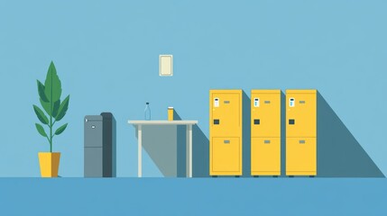 Office breakroom with water cooler, lockers, and plant.  Possible use Stock photo